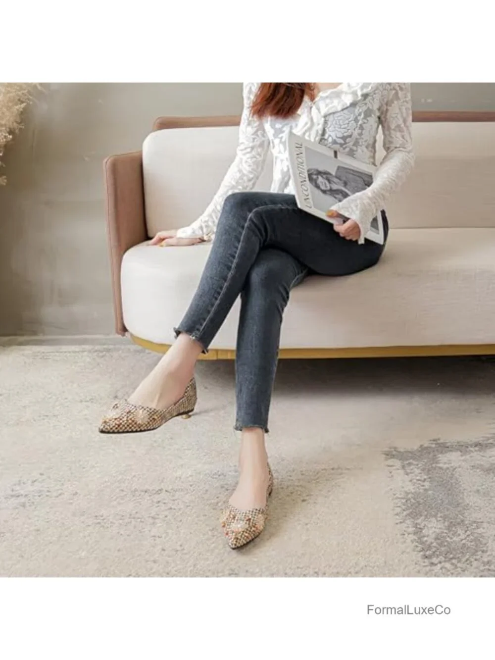 Sparkly Pointed Toe Ballet Flats Memory Foam Low Heel Dress Shoes